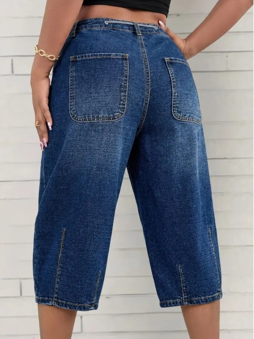 Dark Blue Wide-Leg Crop Jeans - Denim